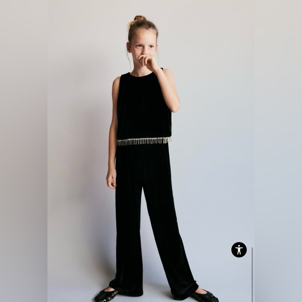 Zara velour rhinestones jumpsuit black size 7Y NWT